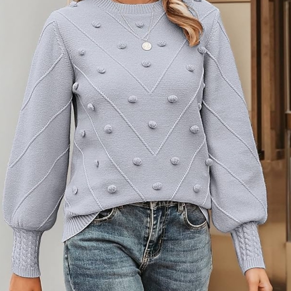 Hocosit Womens Medium Crewneck Pullover Gray Sweater‎ Lantern Sleeves Jumper